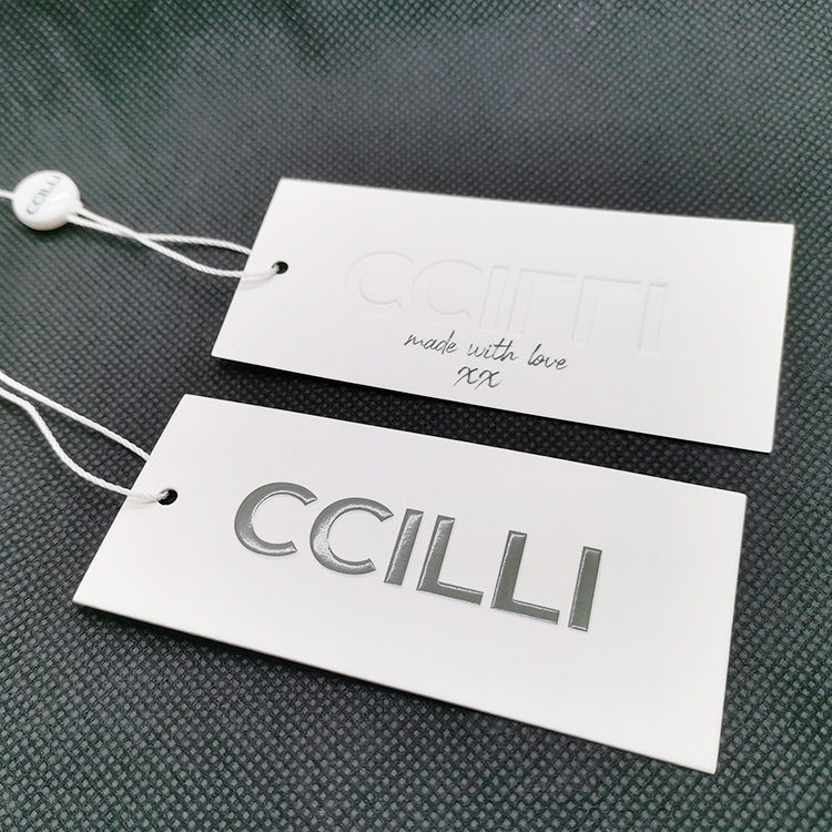 Custom  White 3D Embossed Clothing Paper Tag Swimwear Packaging Spot UV Hanging Tag With String Lock