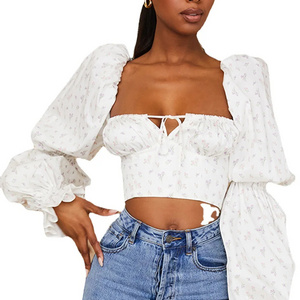 Floral Printing Sexy Square Collar Long Sleeve Top Puff Long Sleeve Corset Tops Ruched Lace Up Blouse Women Tops