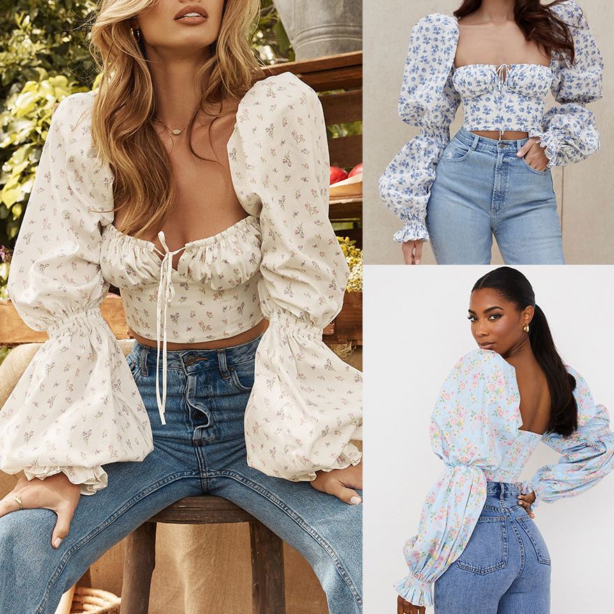 Floral Printing Sexy Square Collar Long Sleeve Top Puff Long Sleeve Corset Tops Ruched Lace Up Blouse Women Tops