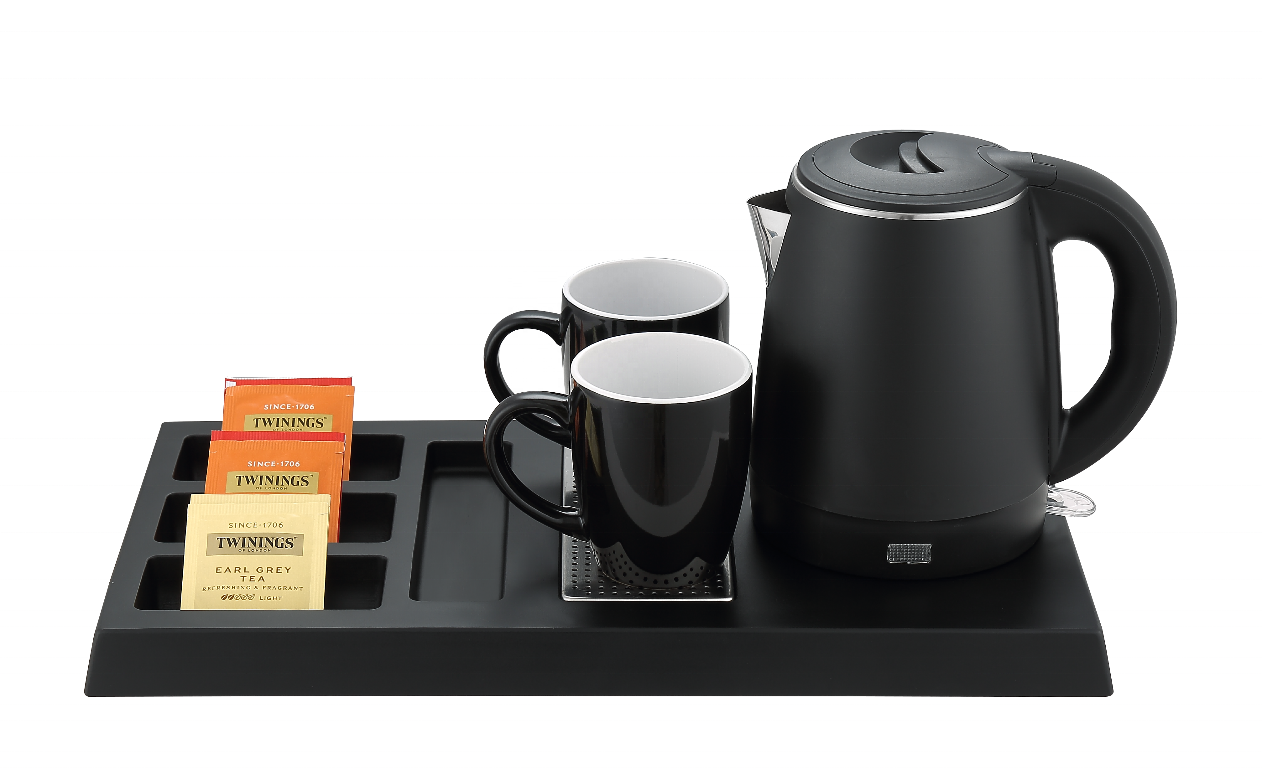 New All in One Hotel Tray Set with Double wall kettle and ceramic cups