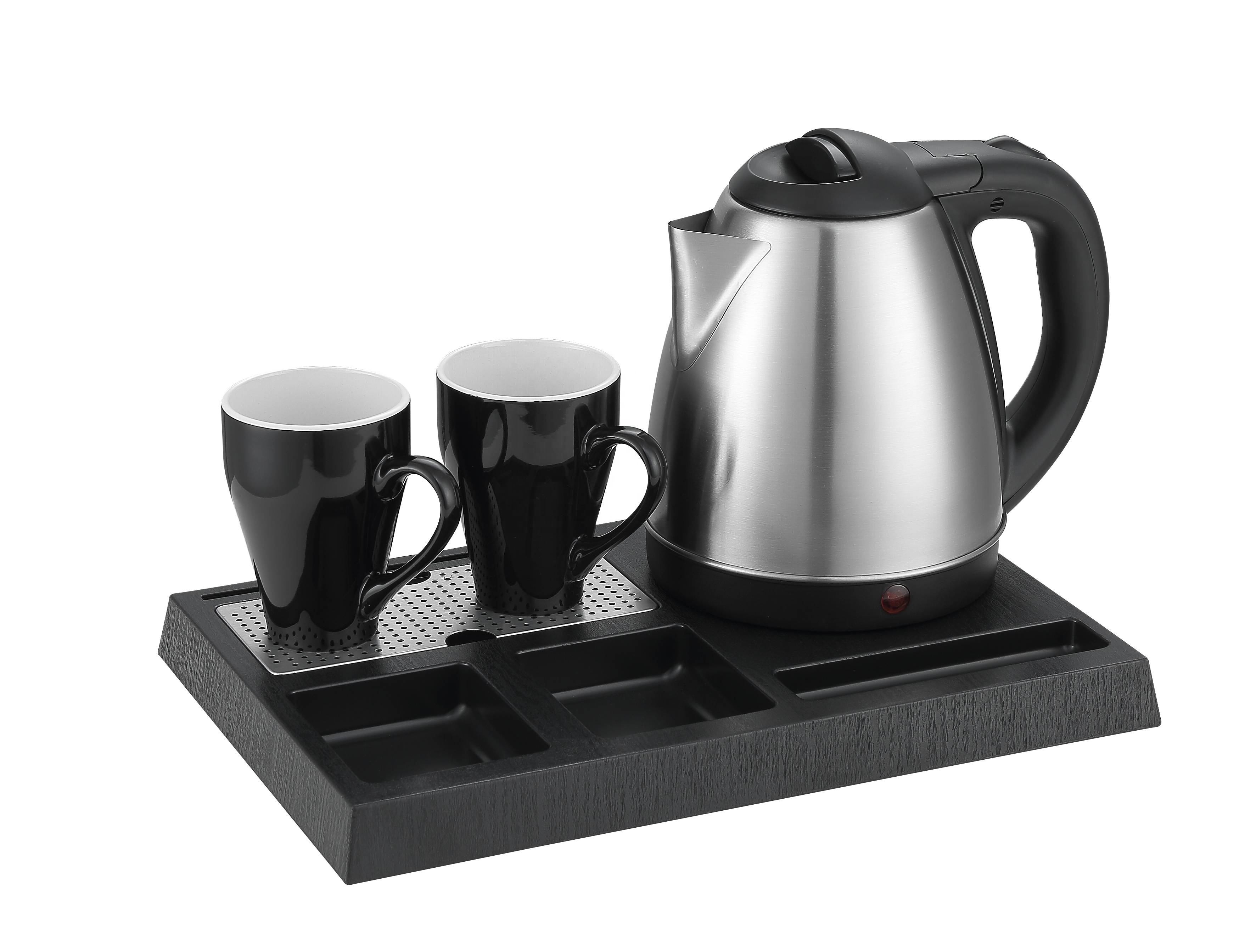 3in1 electric Hotel service used tea set with stainless steel water kettle welcome tea tray and ceramic mugs