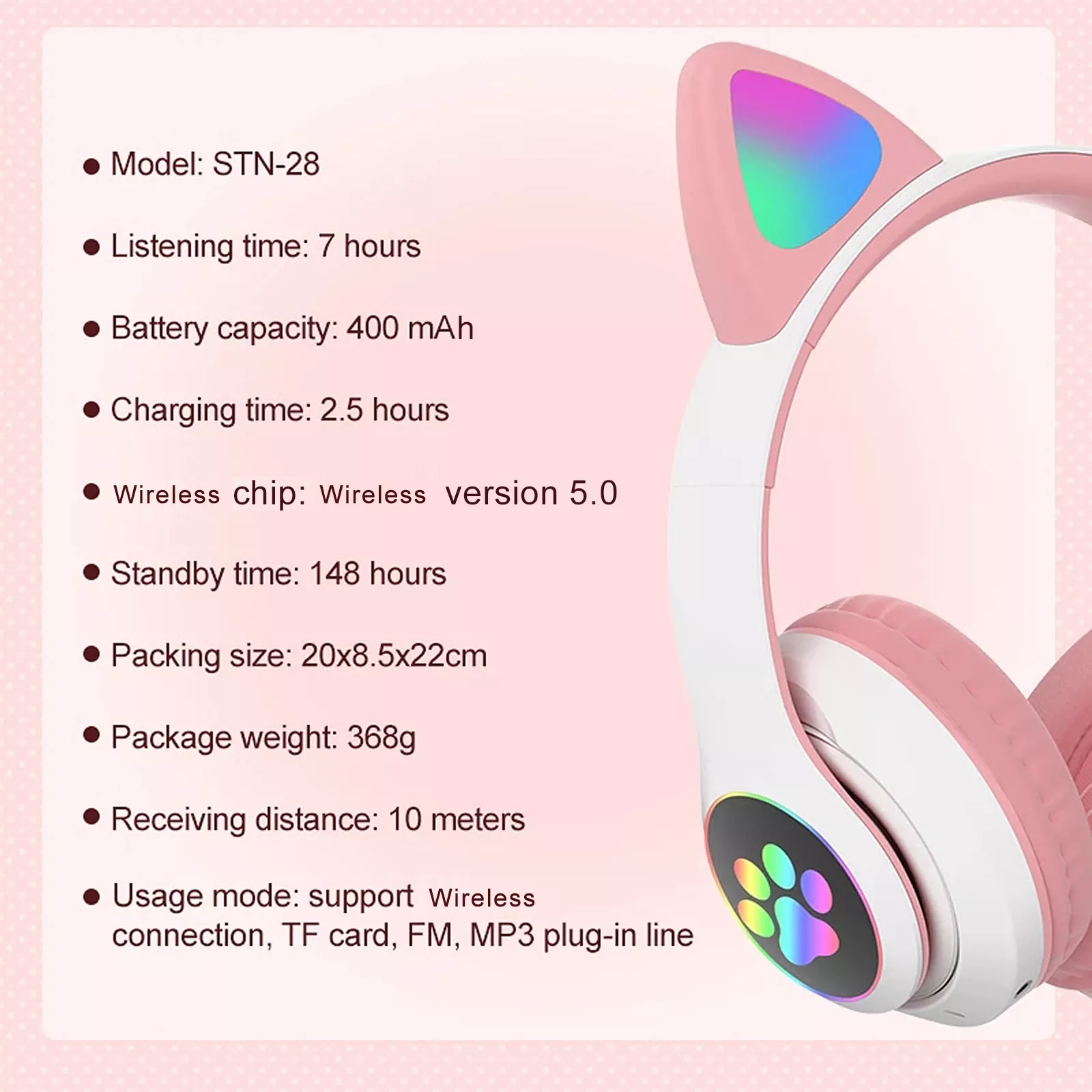 STN-28 New design Cute Cat Ear Earphone With LED BT Wireless stereo headphone headset STN 28 Wireless Headphones