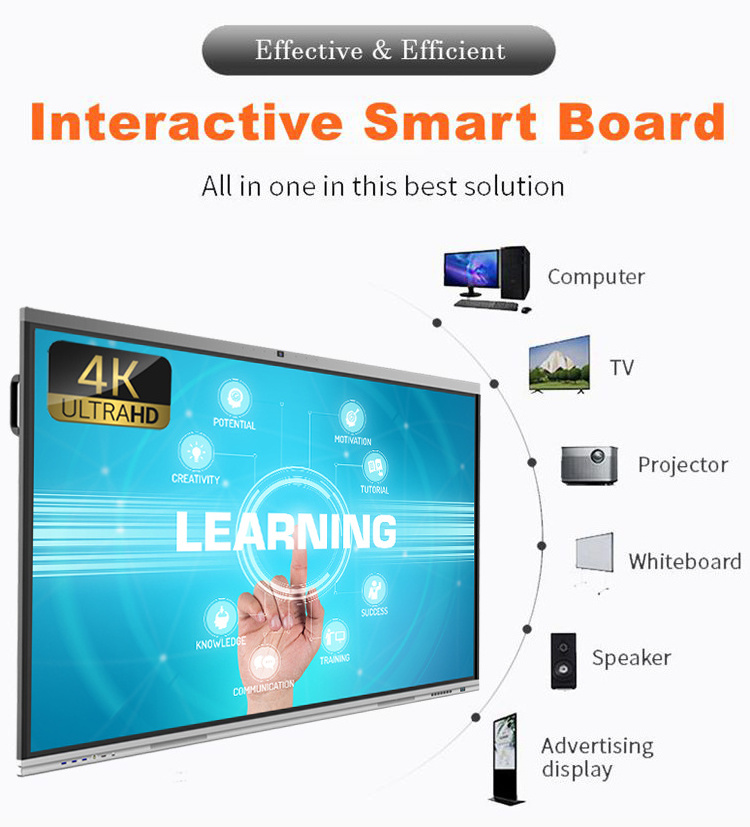 Large Size 100 Inch Interactive Whiteboard Dual System 4K Infrared Touch screen Smart interactive board