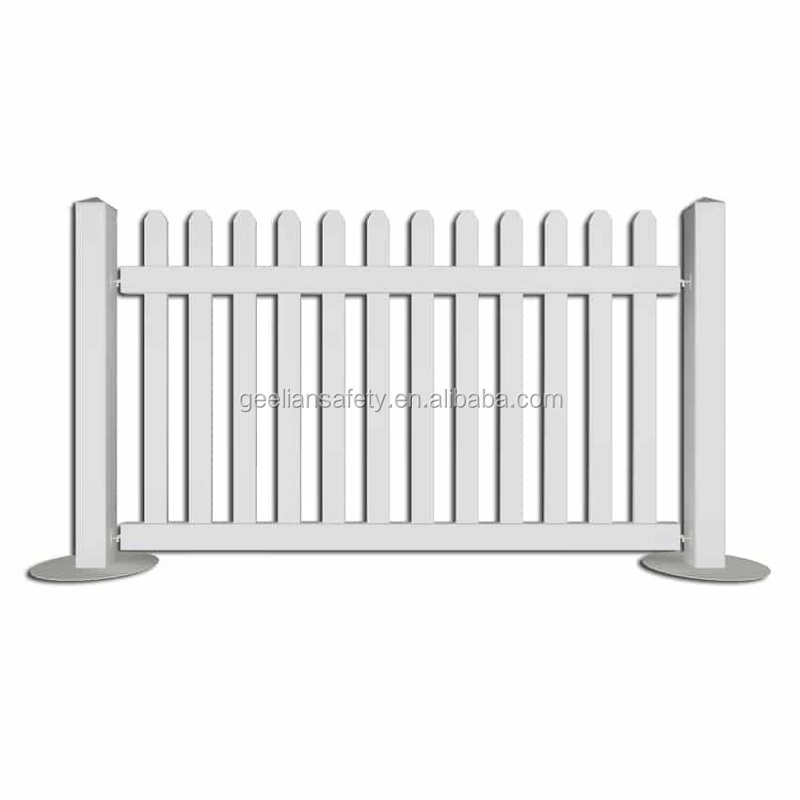 Picket Style Vinyl PVC Portable Temporary Event Fence Panel with Free Stand Post Base Feet white free standing picket fence