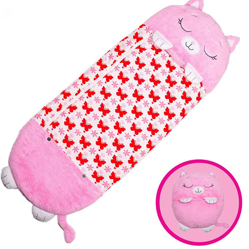 Hot Selling Geeme Fun Cartoon Pink Plush Cat Sleeping Bag with Pillow for Kids