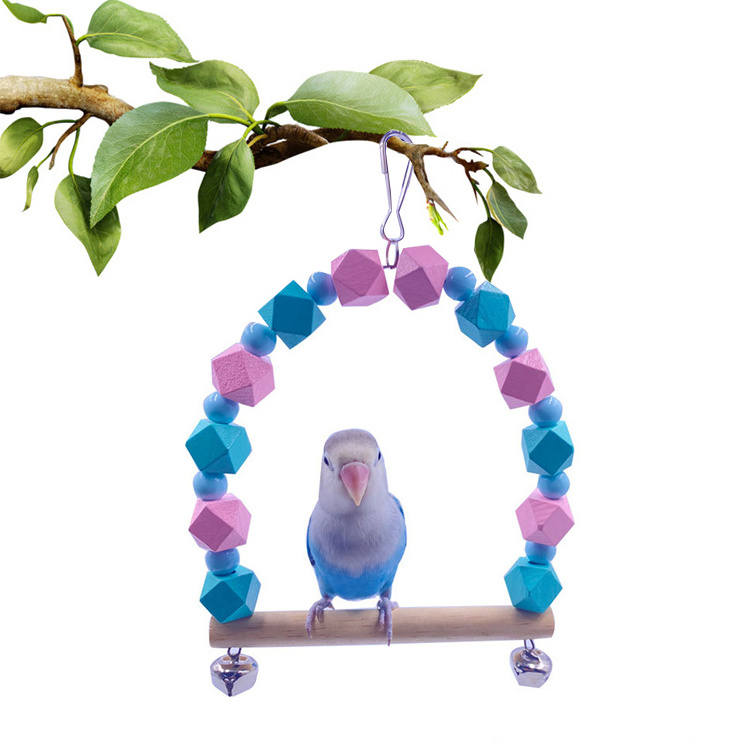 Colorful Wooden Bird Cage Hanging Chewing Perch and Swing Hammock Toy Parrot