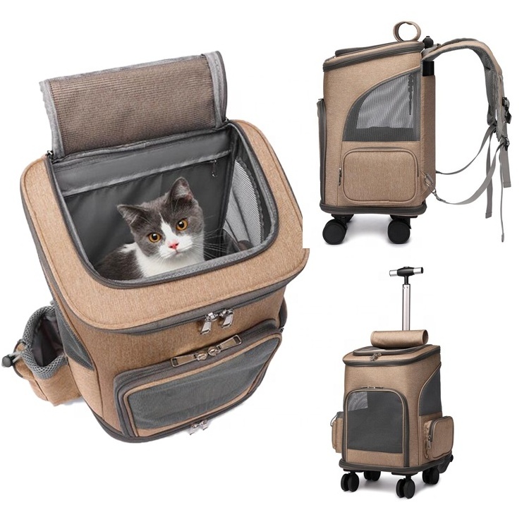 Outdoor Comfort Luxury Soft Breathable Mesh Ventilated Rolling Wheels Pet Travel Carrier Trolley Bag For Dog Cat