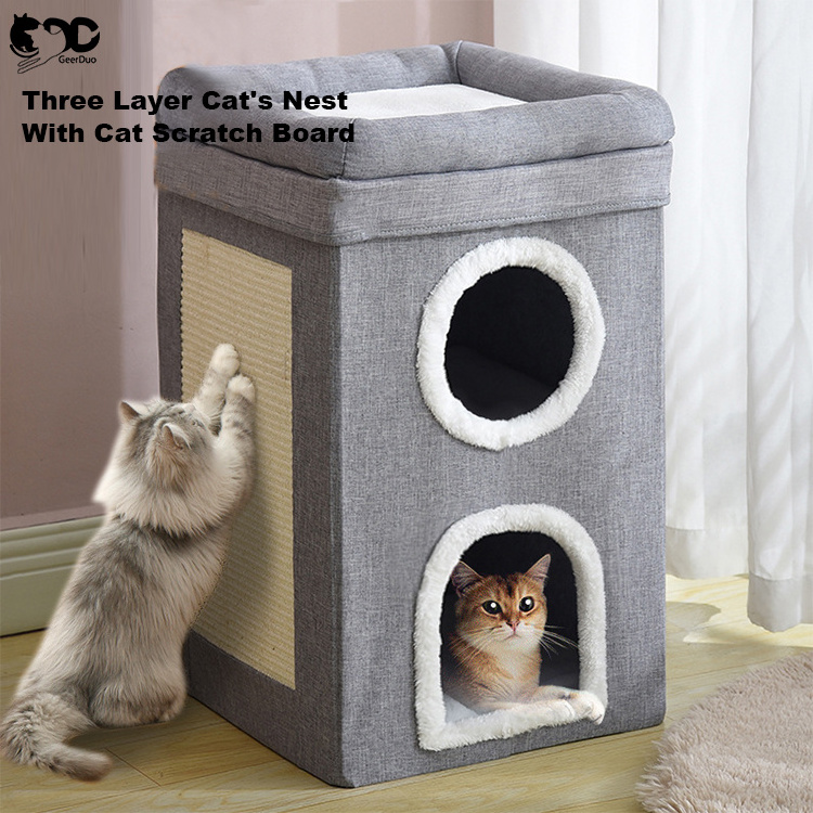 GeerDuo 2-Storey Winter Warm Covered Furniture Cute Modern Pet Condo Cat Hideaway Cave Bed With Scratching Pad