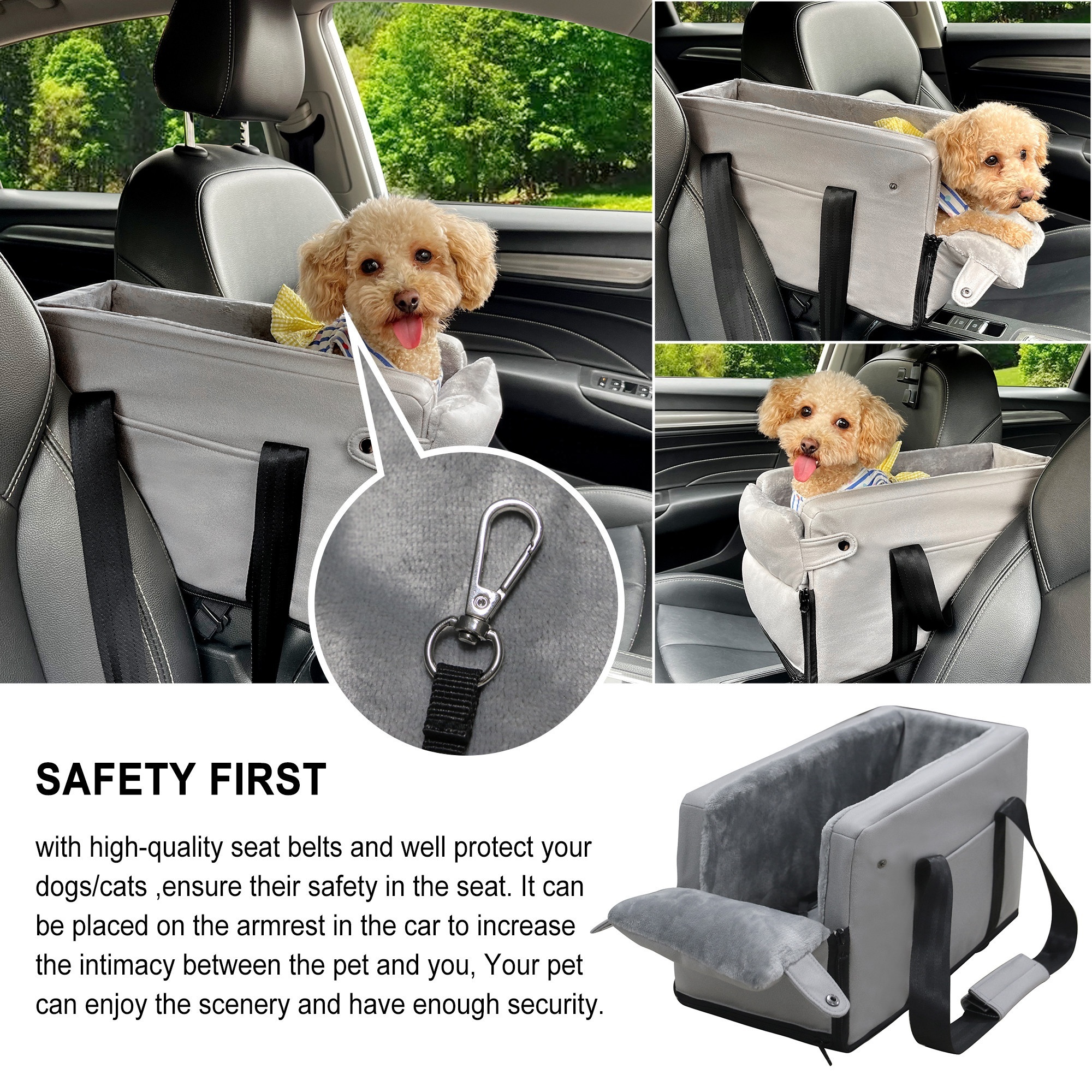 Winter Warm Waterproof  Washable Luxury Pet Car Seat Front and Back Armrest Console Dog Booster Seat Carrier With Safety Belt