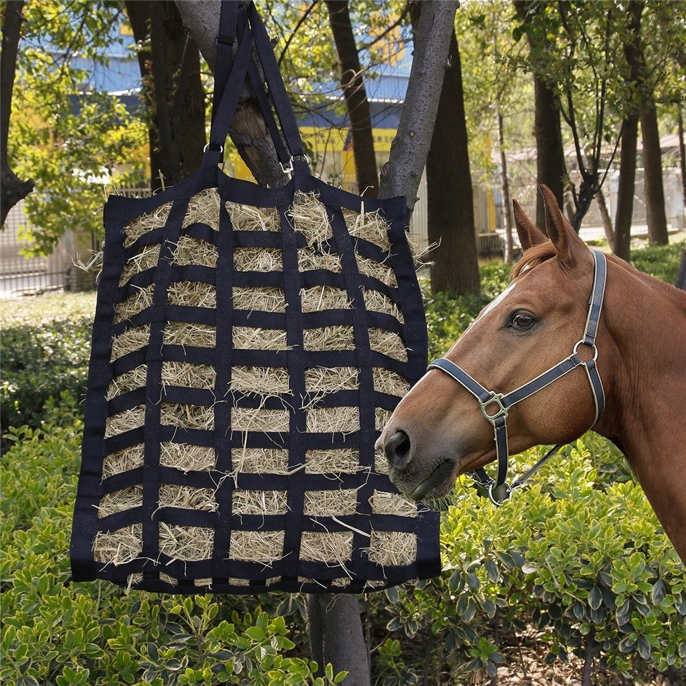 Easy-Feed Four Sided Slow Feed Horse Hay Bag Adjustable Travel Feeder for Trailer Stall Simulates Grazing Reducing Waste