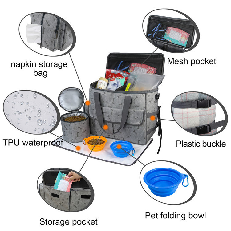 Airline Approved Portable Dog Pet Weekend Travel Carrier Tote Organizer Bag with Food Container and Multi Pockets