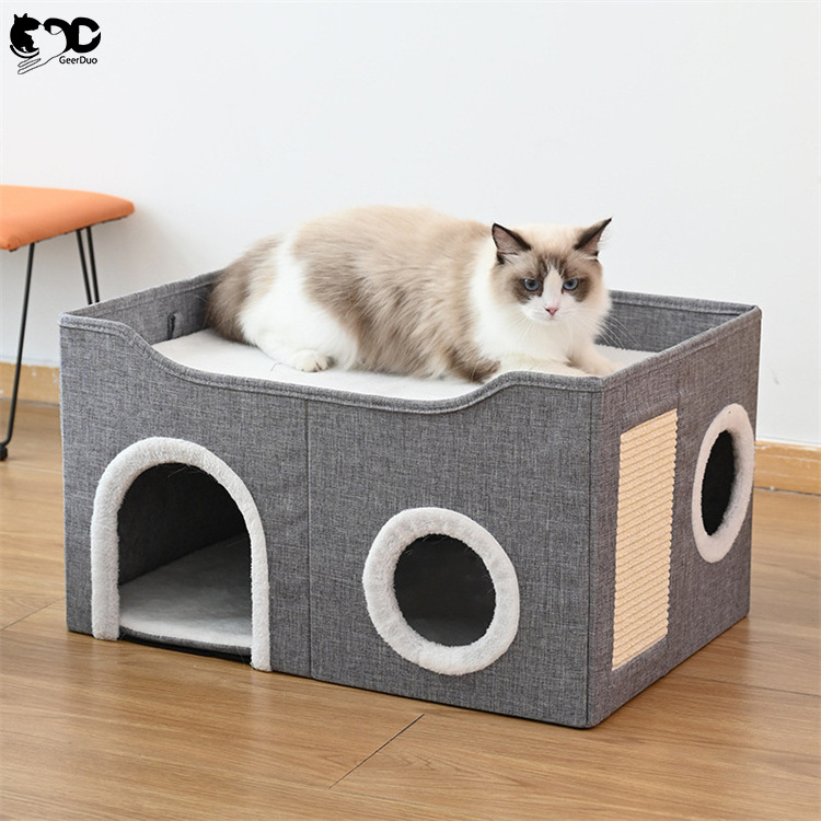 GeerDuo 2-Storey Winter Warm Covered Furniture Cute Modern Pet Condo Cat Hideaway Cave Bed With Scratching Pad