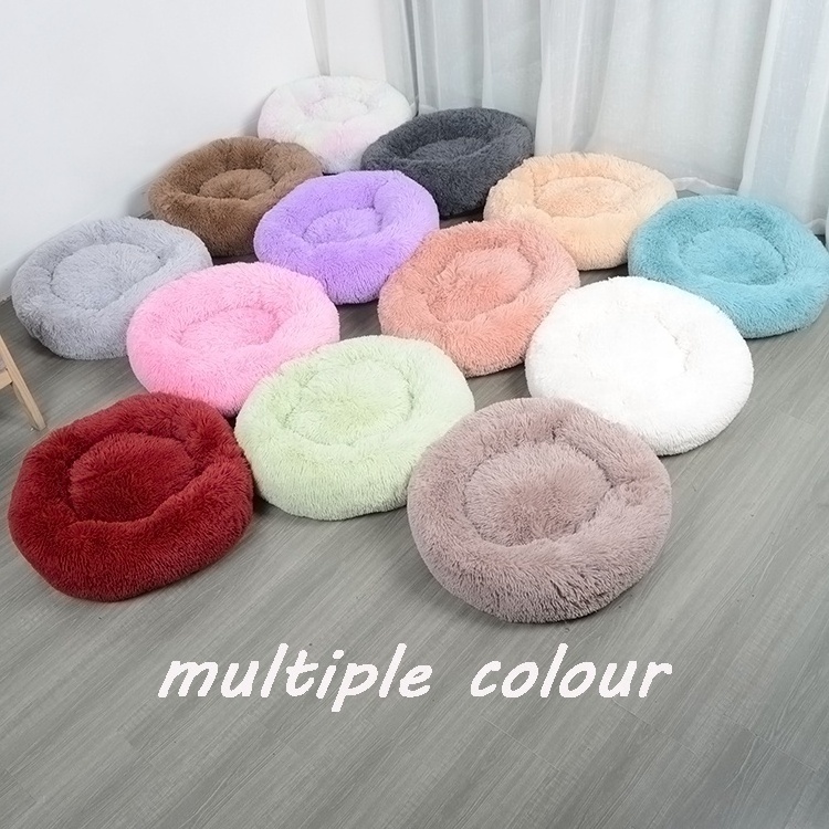 Luxury Comfortable Soft Warm Round Non-slip Fluffy Fleece Wool Faux Fur Plush Donut Pet Dog Cat Bed For Calming Sleeping Rest