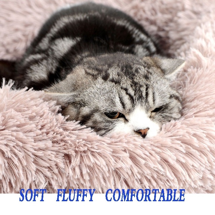 Luxury Comfortable Soft Warm Round Non-slip Fluffy Fleece Wool Faux Fur Plush Donut Pet Dog Cat Bed For Calming Sleeping Rest