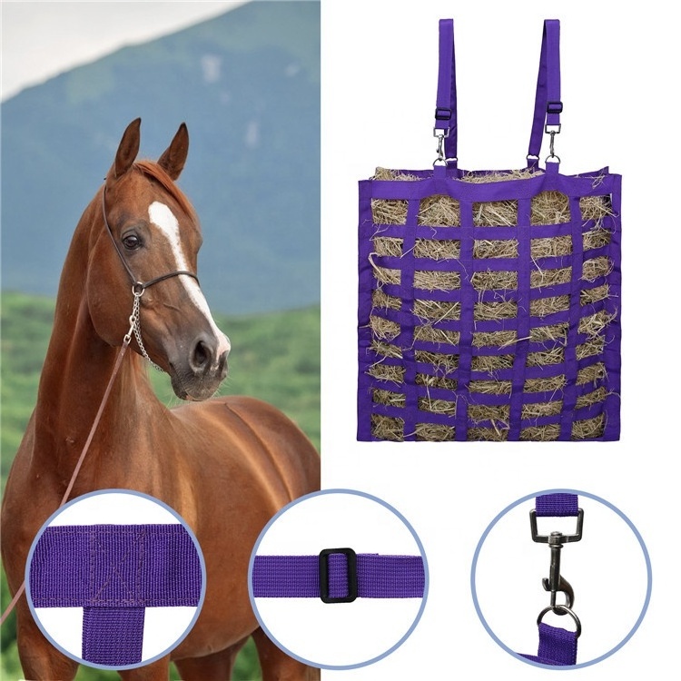 Easy-Feed Four Sided Slow Feed Horse Hay Bag Adjustable Travel Feeder for Trailer Stall Simulates Grazing Reducing Waste