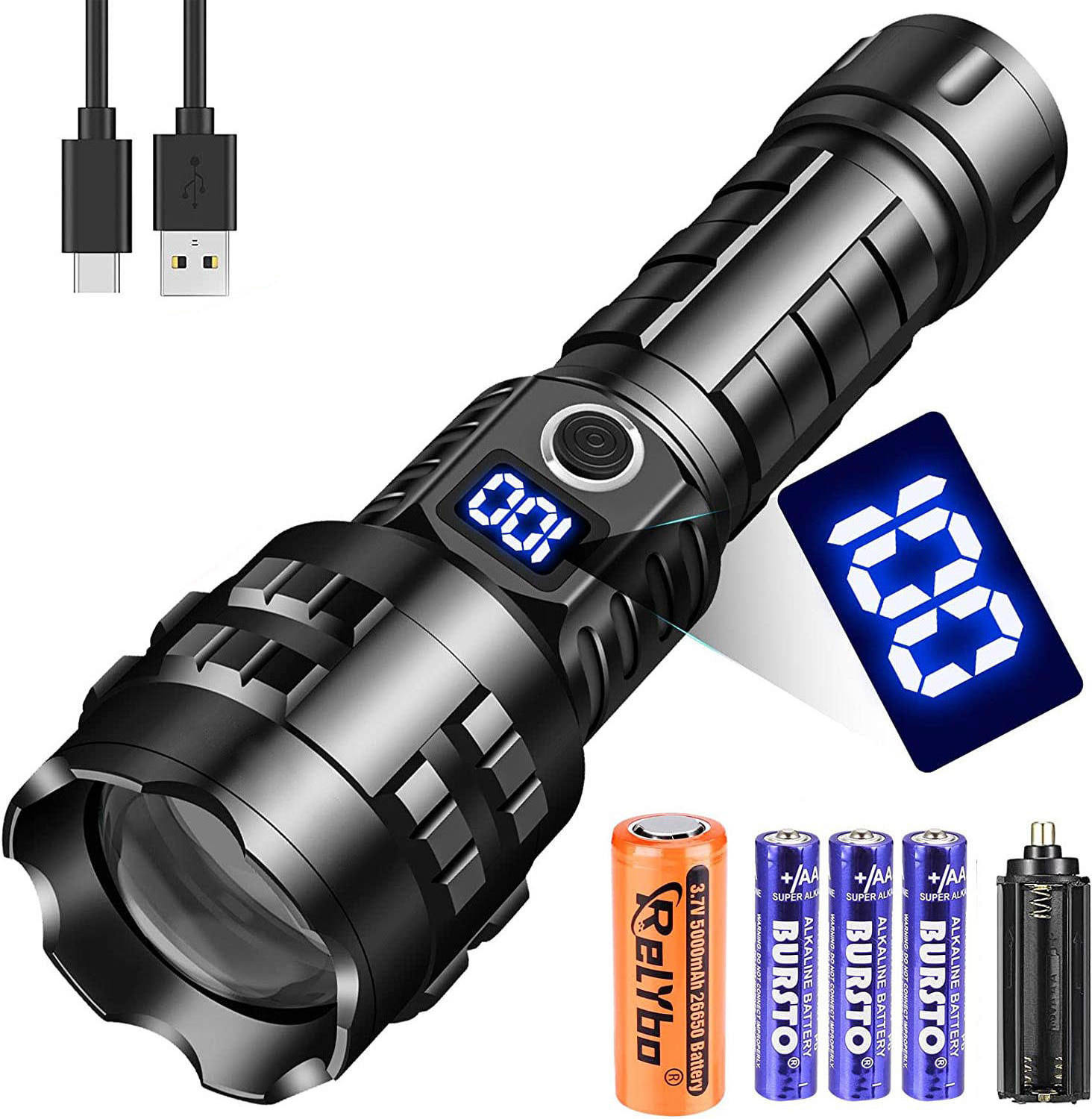 2023 15000 lumens 5000mah zoomable aluminum alloy body rechargeable usb 26650 battery xhp70 led tactical torch flashlights