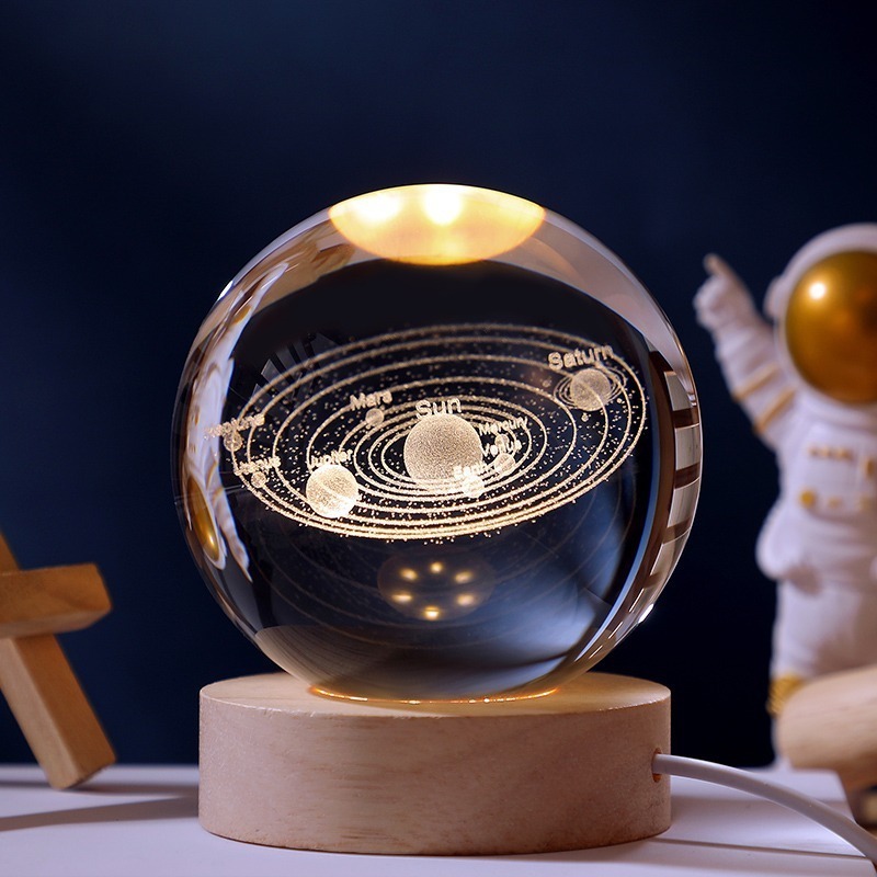 Christmas Gift 3D Galaxy Crystal Ball Wooden Base Solar System Planet LED Light Bedroom Table Desk Decoration Night Light