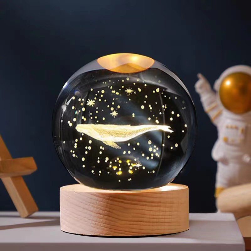 Christmas Gift 3D Galaxy Crystal Ball Wooden Base Solar System Planet LED Light Bedroom Table Desk Decoration Night Light