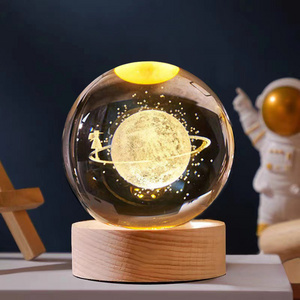 Christmas Gift 3D Galaxy Crystal Ball Wooden Base Solar System Planet LED Light Bedroom Table Desk Decoration Night Light