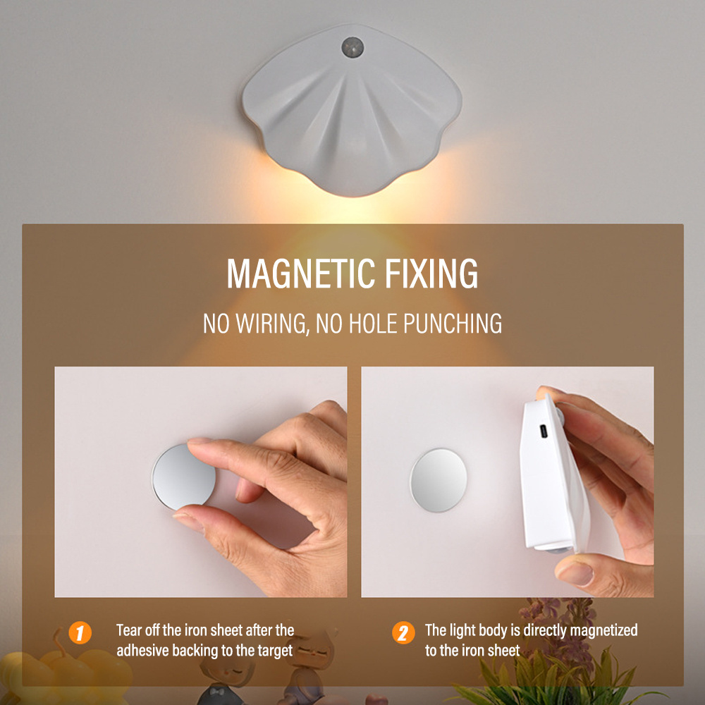 LED Intelligent Sensor Night Light Motion Sensor Wall Light Modern Shell Shape 3 Modes Dimmable USB Charging Cabinet Lights