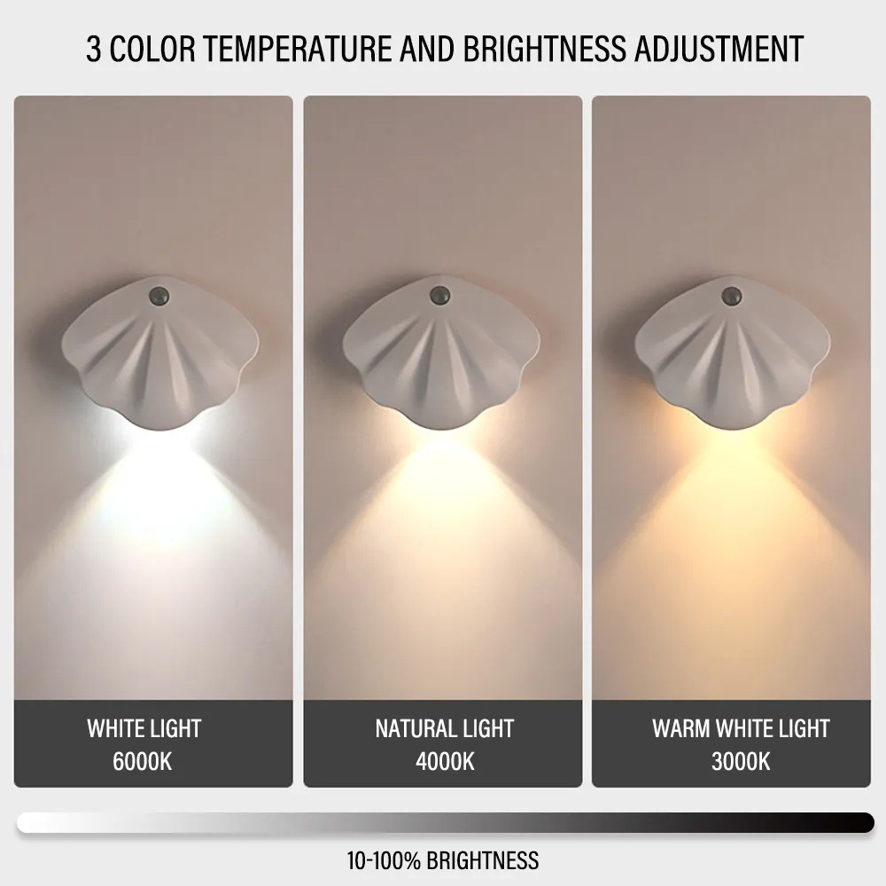 LED Intelligent Sensor Night Light Motion Sensor Wall Light Modern Shell Shape 3 Modes Dimmable USB Charging Cabinet Lights