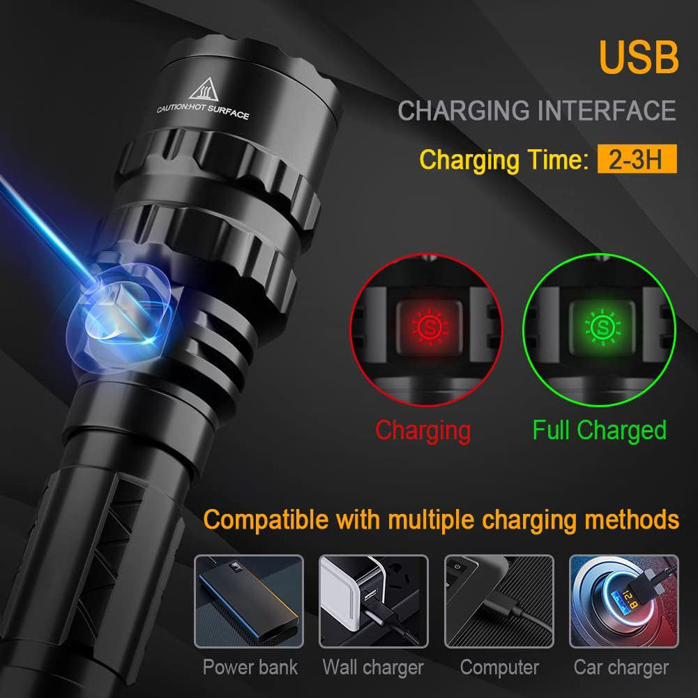 80000 lumens professional rechargeable tactical flashlight with flashlight mount and remote pressure switch included