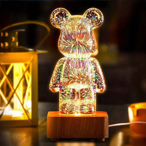 New Year Birthday Gift Crystal Bear Glass Multi colors Light Wooden base Decoration Home Bear LED Light