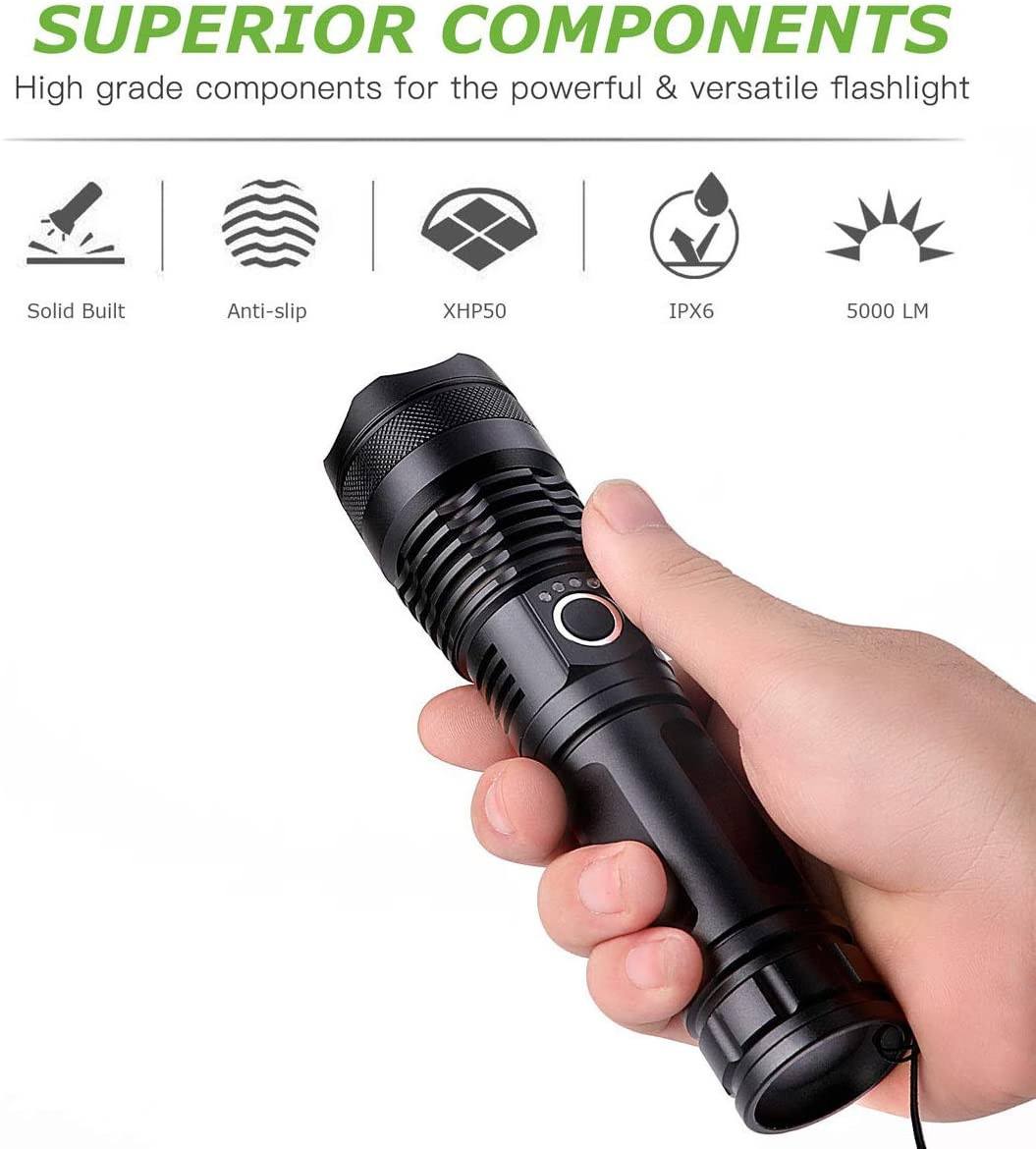 P50 Strong Light Flashlight Aluminum Alloy Telescopic Zoom USB Charging Power Display High Power Flashlight