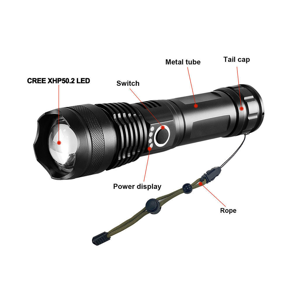 100000 lumen handheld flash light rechargeable led water resistant camping torches adjustable focus zoom tactical flashlight