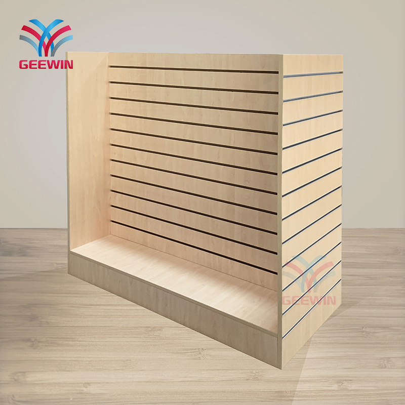 Double side slatwall accessories display rack 3C electronic wooden display shelf with removable hooks