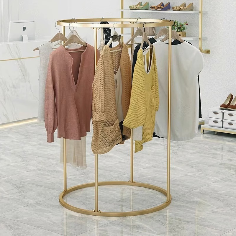 High End Lady Shop Round Hanging Clothes Gold Metal Clothing Display Rack Dress Display Rack