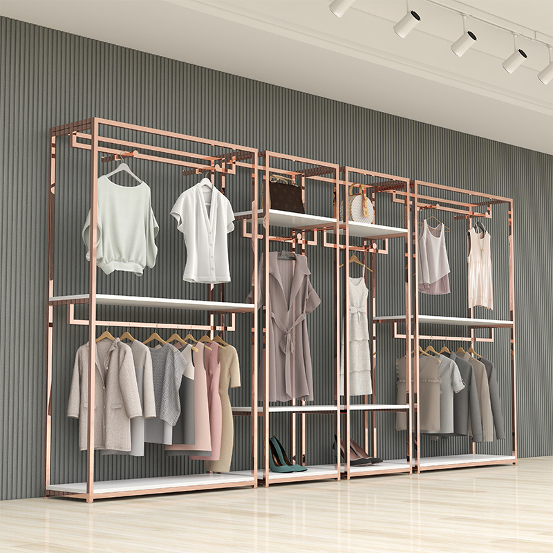 Factory Customized Shiny Rose Gold Retail Lady Clothes Shop Stainless Steel Display Rack