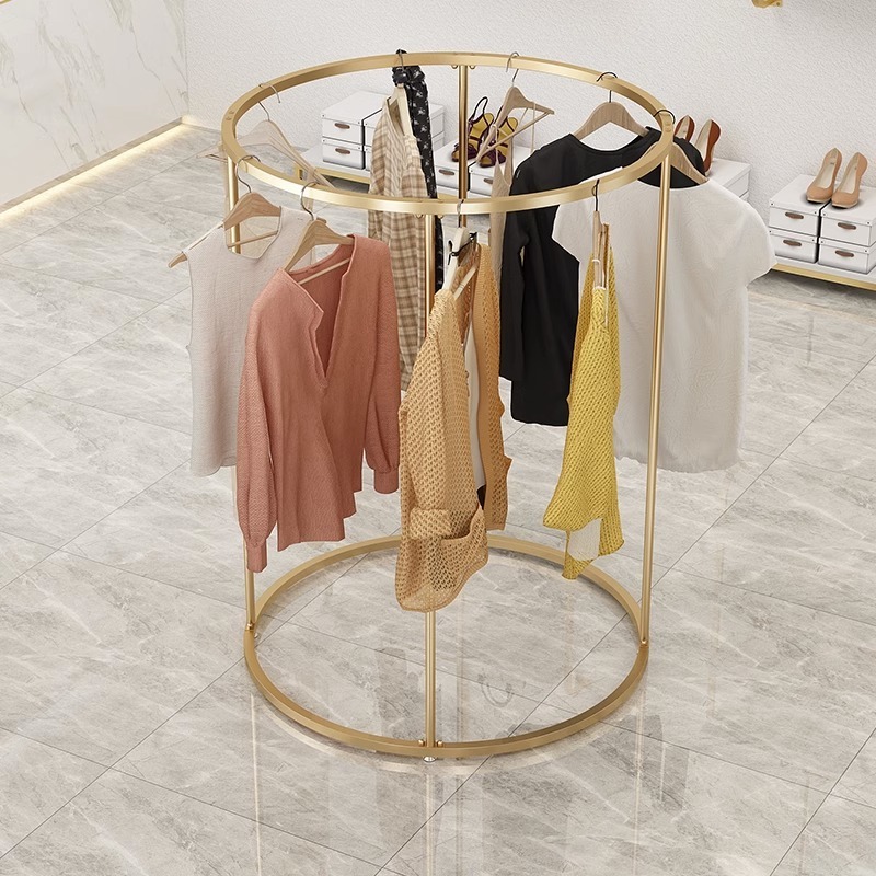 High End Lady Shop Round Hanging Clothes Gold Metal Clothing Display Rack Dress Display Rack