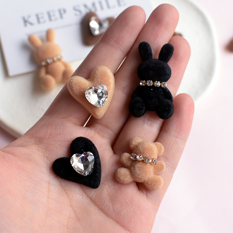 New flocking diamond miniature rabbit bear charm accessories phone case hairpin cream glue diy material for jewelry making