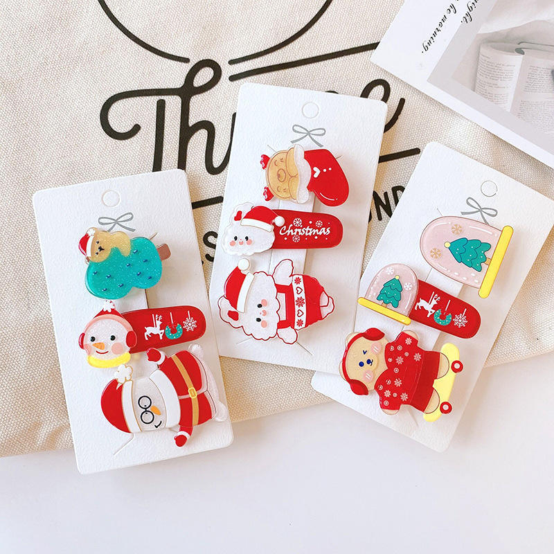 JIRIS New Style Eve Christmas Hairpin Santa Claus Christmas Tree Bears Ginger Man Cartoon Christmas Set Hair Clip For Children