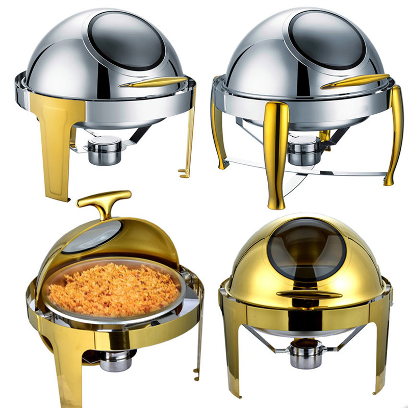 Luxury gold and silver buffetware chaffing dish buffet food warmer round glass lid commercial large stainless steel chafing dish