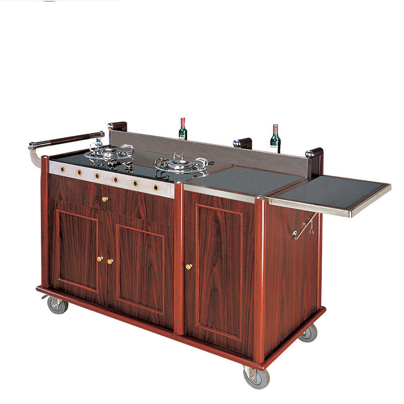 Luxury Wooden Gas Stove 4 Wheels 3 Drawers Food Serving Cart Flambe Trolley OEM ODM Service Stainless Steel Modern Hotel Trolley