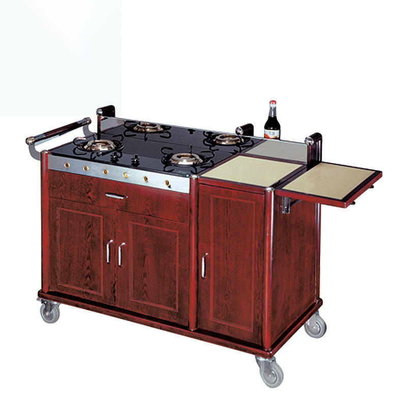 Luxury Wooden Gas Stove 4 Wheels 3 Drawers Food Serving Cart Flambe Trolley OEM ODM Service Stainless Steel Modern Hotel Trolley