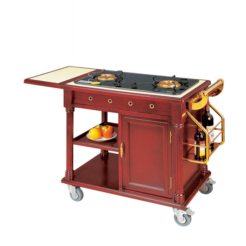 Luxury Wooden Gas Stove 4 Wheels 3 Drawers Food Serving Cart Flambe Trolley OEM ODM Service Stainless Steel Modern Hotel Trolley