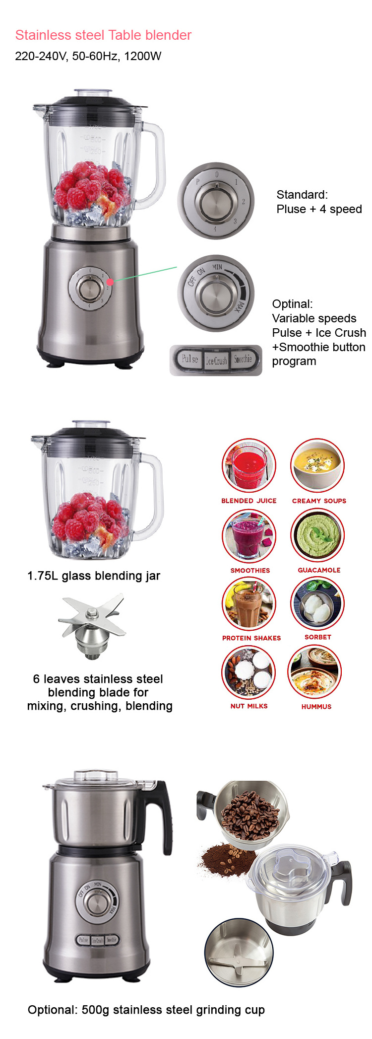 Home Appliances Electric Stainless Steel Multi- High Speed Blenders Fruit Juice Grinders Kitchen Mixer Blender and Grinder