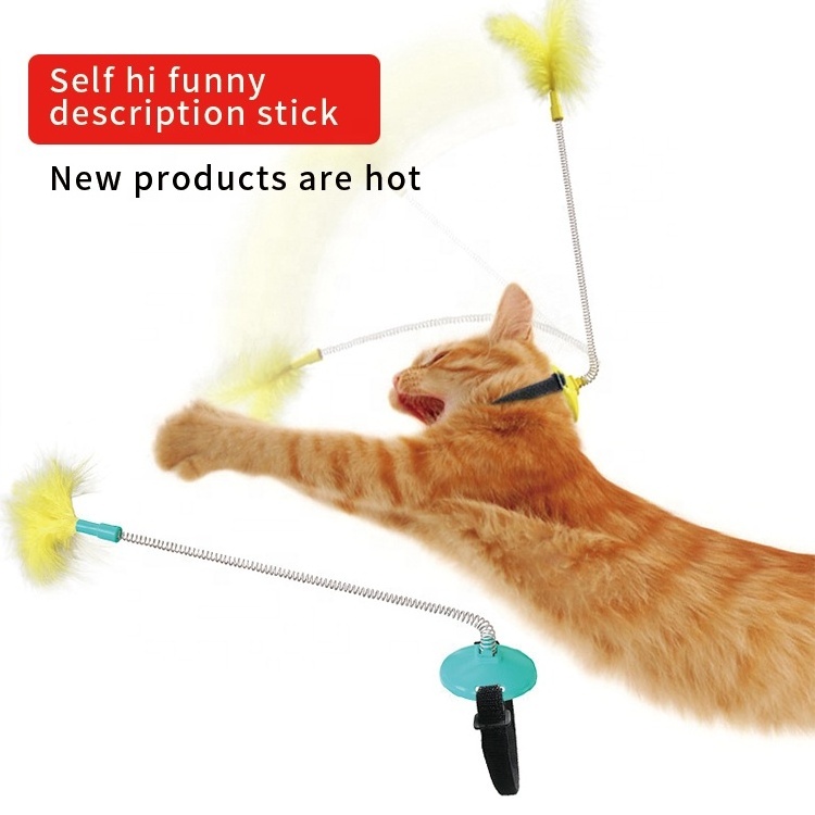 2021 New Funny Cat Stick Toy Self Hi Collar Spring Foot Treading with Feather Cat Teaser Wand Toy