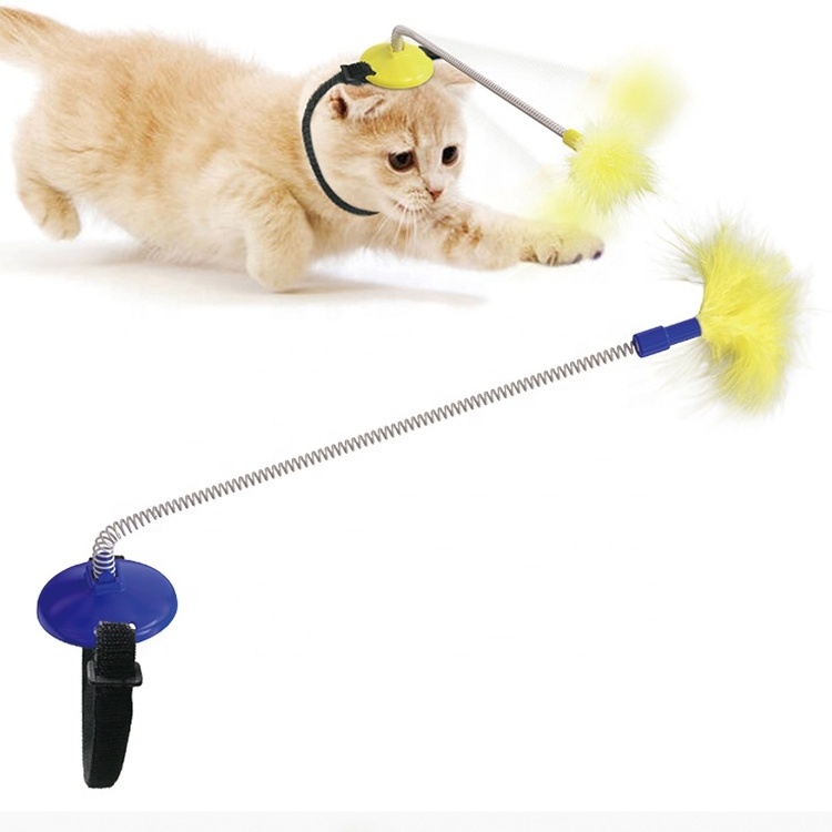 2021 New Funny Cat Stick Toy Self Hi Collar Spring Foot Treading with Feather Cat Teaser Wand Toy