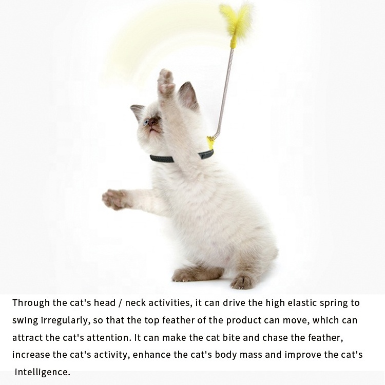 2021 New Funny Cat Stick Toy Self Hi Collar Spring Foot Treading with Feather Cat Teaser Wand Toy