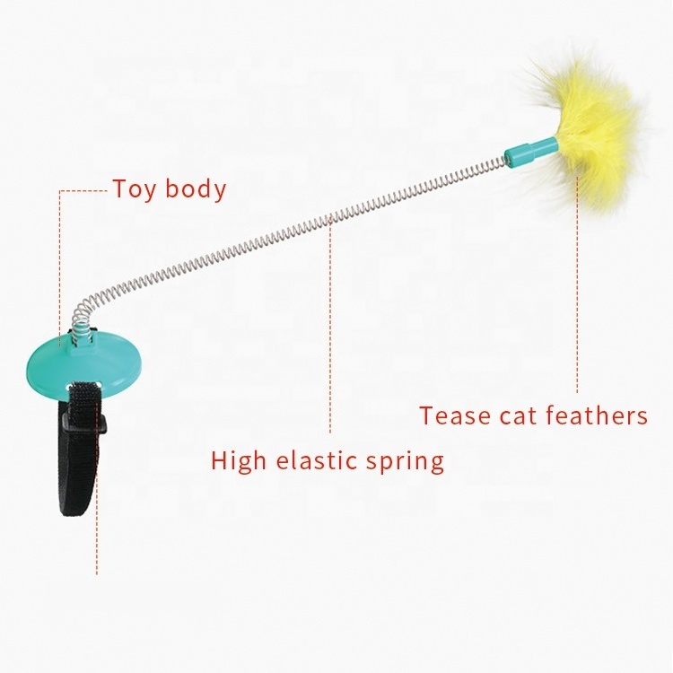 2021 New Funny Cat Stick Toy Self Hi Collar Spring Foot Treading with Feather Cat Teaser Wand Toy