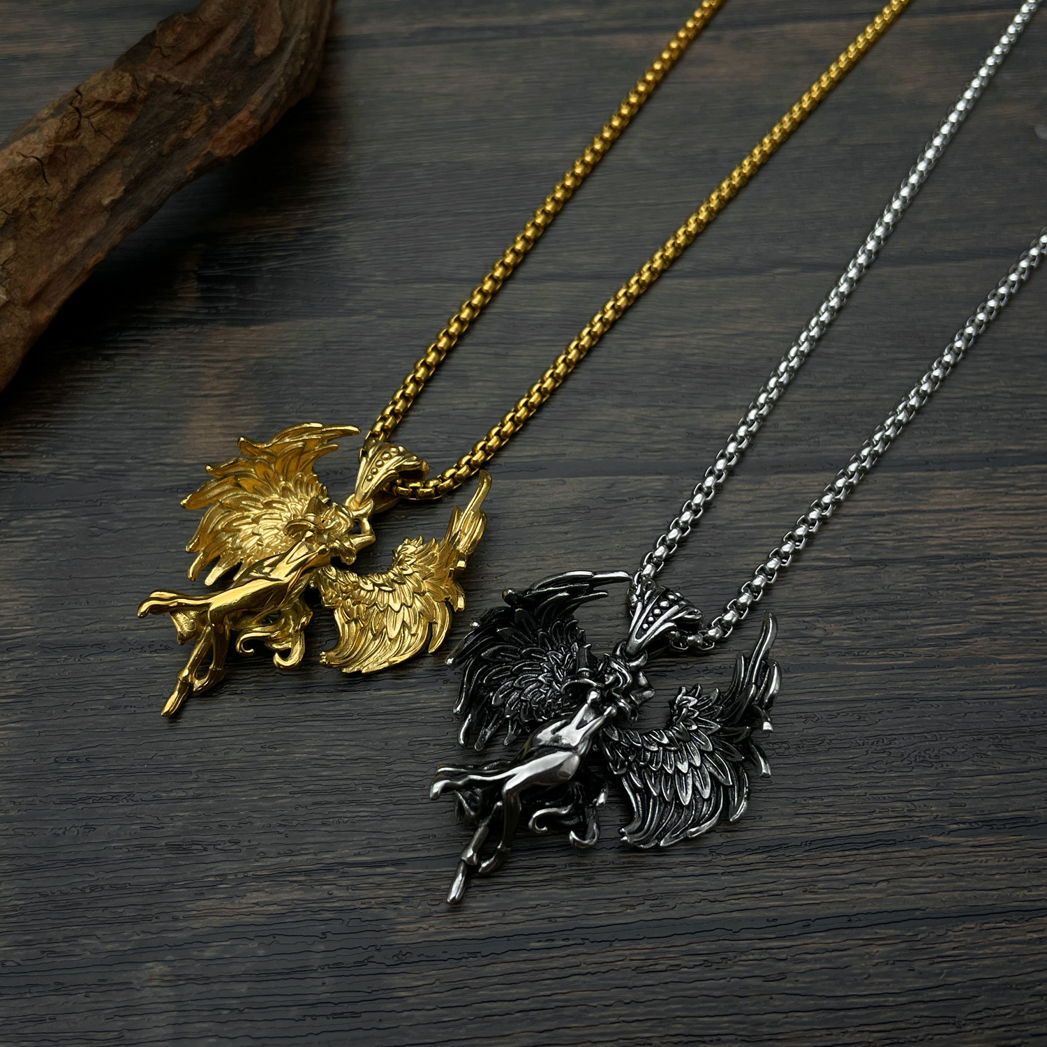 Wholesale  Fashion Design Guardian Angel PVD 18K Gold Plated Stainless Steel Pendant Vintage Wings For Men Custom Logo Necklace