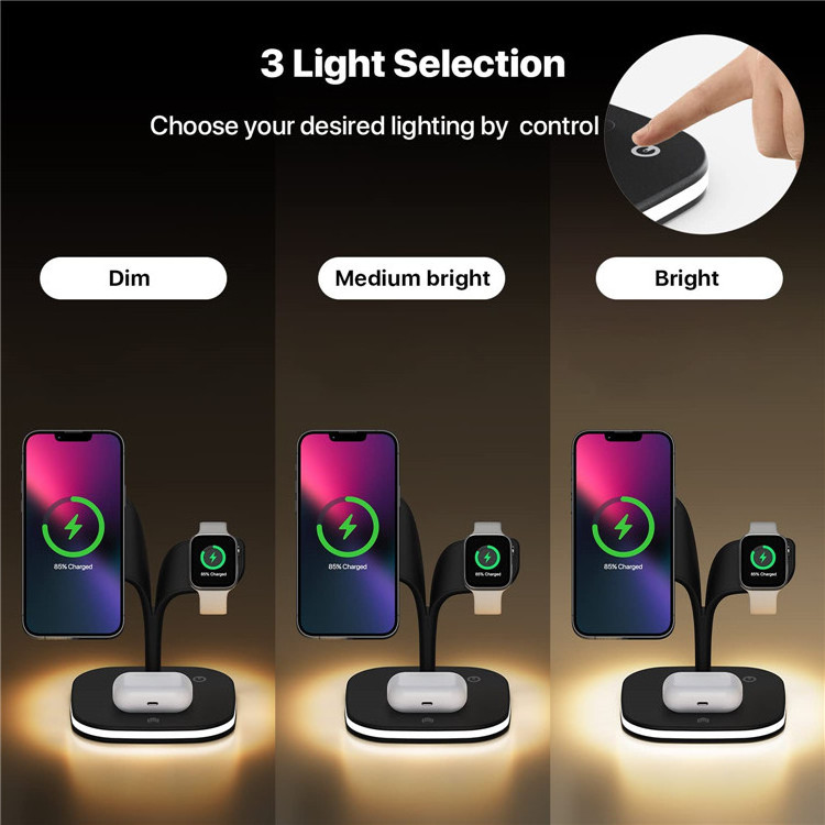 Hot Sale 5 In 1 Magnetic Wireless Charger For iPhone 15 14 13 12 Android Phone For Airpod iWatch Charging Station With LED Lamp