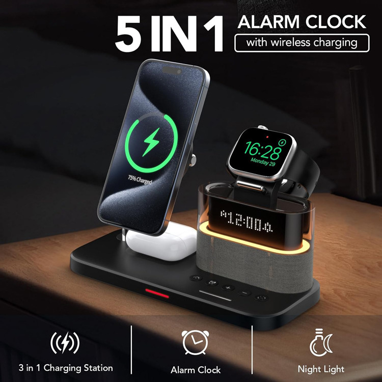 Wholesale Price 15W 10W Qi Wireless Charger With LED Light Magnetic 5 In One Nightstand Charging Station For iPhone 15 14 13 12