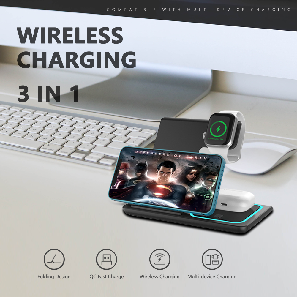 3 in 1 Foldable Wireless Stand Fast Charging Cell Phone Holder Multi-function Wireless Charger For iPhone Airpods iWatch