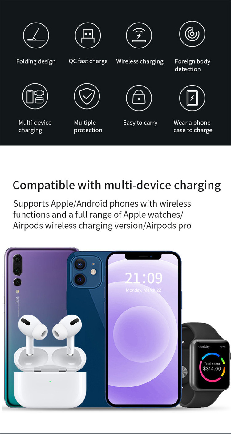 3 in 1 Foldable Wireless Stand Fast Charging Cell Phone Holder Multi-function Wireless Charger For iPhone Airpods iWatch