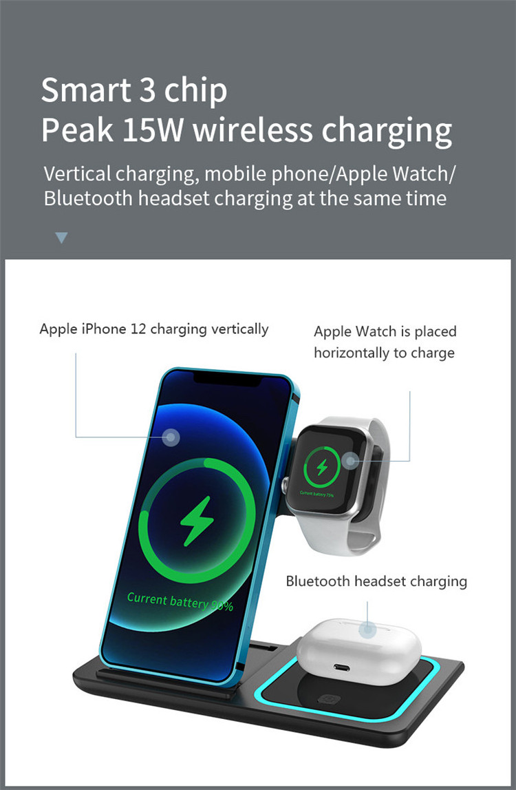 3 in 1 Foldable Wireless Stand Fast Charging Cell Phone Holder Multi-function Wireless Charger For iPhone Airpods iWatch